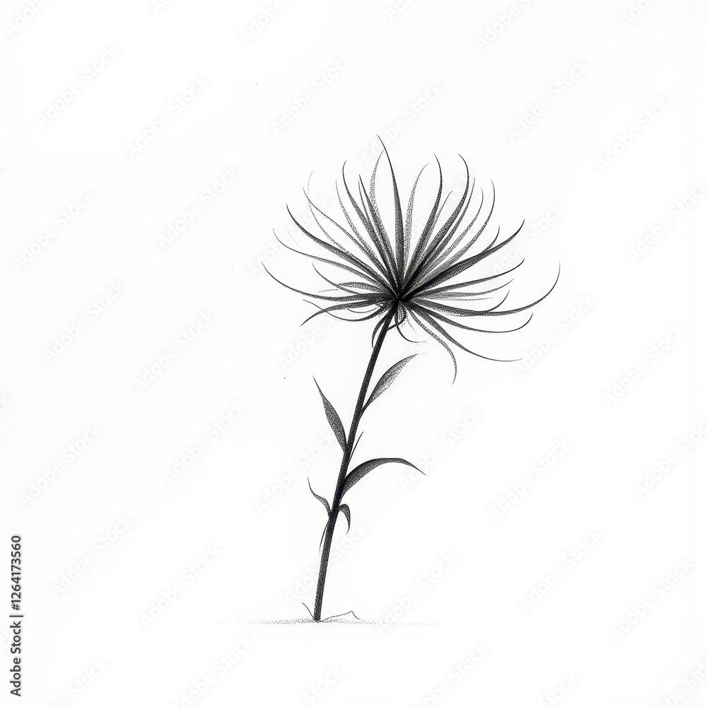 Stark White Background: Isolated Detailed Black and White Flower Drawing. A black and white drawing of a flower. Stark White Background: Isolated Detailed Black and White Flower Drawing. A black and white drawing of a flower.