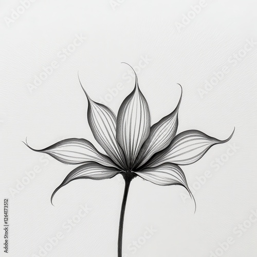 Detailed Black and White Flower Drawing on Pure White Background. A black and white drawing of a flower. photo