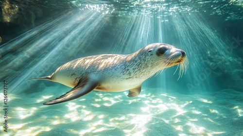 Playful seal swimming gracefully in clear blue water with sunlight streaming through