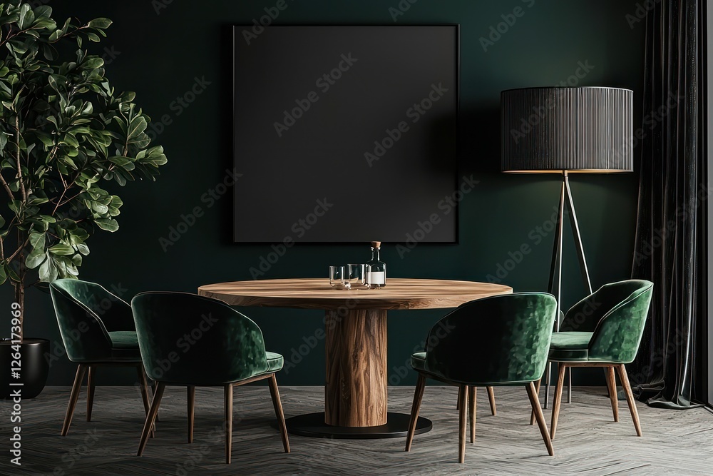 Emerald green dining setup with black accents and an art display wall. Emerald green dining setup with black accents and an art display wall.