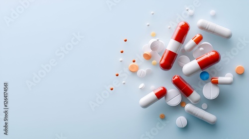 Red pharmaceutical pills, capsules, and tablets isolated on a white background