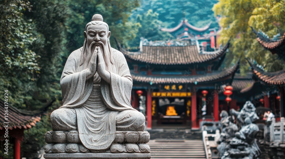 A large stone statue of Confucius in front of a temple. Copy space. A large stone statue of Confucius in front of a temple. Copy space.