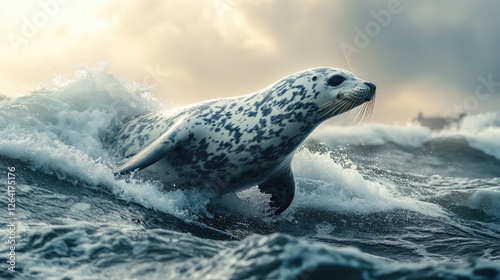 A spotted seal gracefully leaps through ocean waves under a dramatic sky at sunset