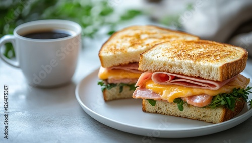 Toasted ham and cheese sandwich sits on a plate next to a cup of coffee
