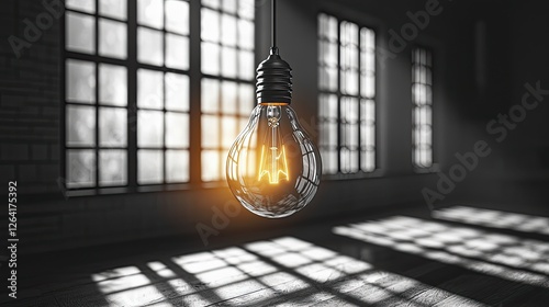 Vintage light bulb illuminating a dark room with patterned shadows from windows