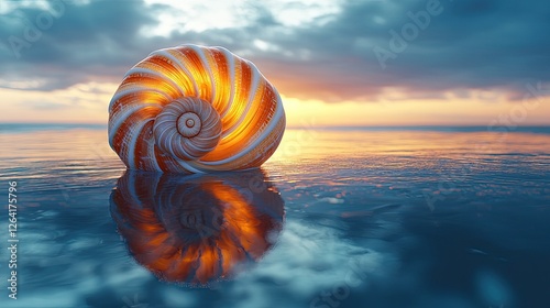 A stunning nautilus shell reflecting sunset colors over calm ocean waters at twilight