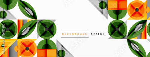 Geometric abstract composition with intersecting shapes, circles, triangles, and gradients, blending vibrant colors and dynamic contrasts to create a modern, futuristic visual design