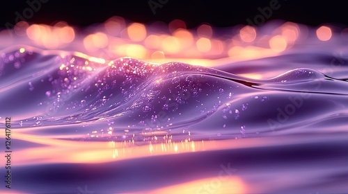 Ethereal waves of shimmering water illuminated by soft purple and orange lights at dusk