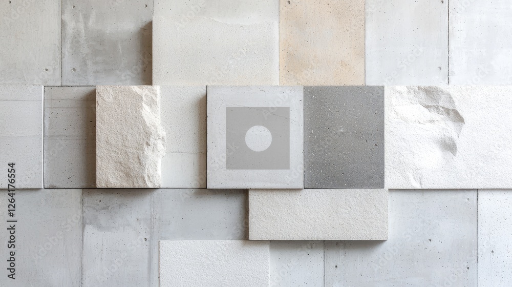 Concrete texture samples, design studio wall, material choices, architecture background, interior design