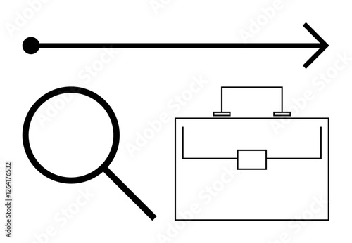 Magnifying glass, briefcase, and arrow symbolizing analysis, career focus, and goal direction. Ideal for strategy development, career growth, business planning, research leadership corporate