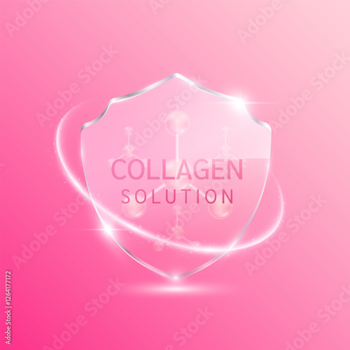 Collagen solution molecules pink in translucent glass shield modern surrounded by glowing ring. For design cosmetics products. Medical health care skin protection. 3D Vector.