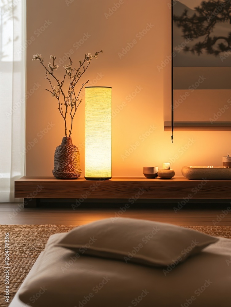 Fototapeta premium Illuminated lamp and decorative arrangements create a serene ambiance indoors