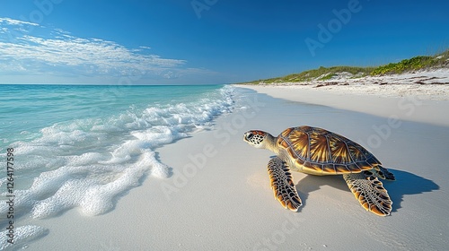 Sea turtle crawling on pristine beach with gentle waves and clear blue sky in the background