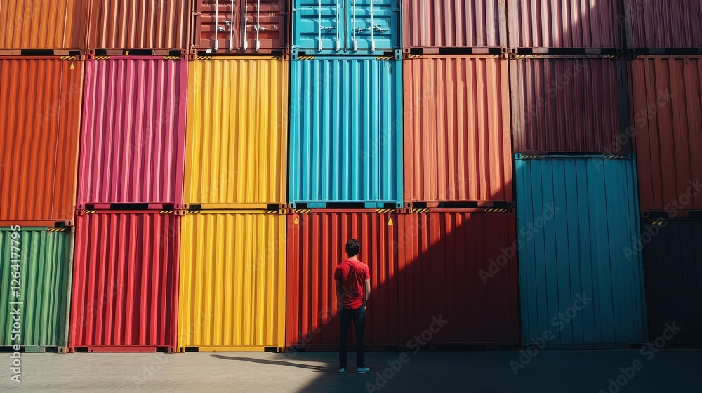 Back view of a logistics coordinator ensuring stock container in a brightly port. Back view of a logistics coordinator ensuring stock container in a brightly port.