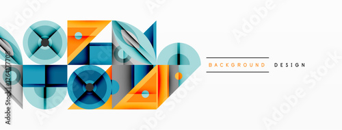 Geometric abstract composition with intersecting shapes, circles, triangles, and gradients, blending vibrant colors and dynamic contrasts to create a modern, futuristic visual design