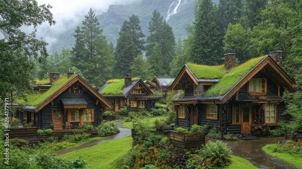Secluded Alpine Village: Rain-Kissed Cabins Nestled in Lush Green Valley Secluded Alpine Village: Rain-Kissed Cabins Nestled in Lush Green Valley