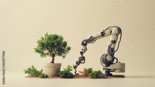 A robotic arm carefully tends to a small bonsai tree, blending nature and technology in a surreal, futuristic concept. The minimalistic design enhances the contrast. AI generated.