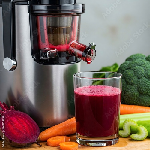 A modern juicer producing fresh beetroot juice with broccoli and other vegetables nearby, representing health and detox lifestyle.