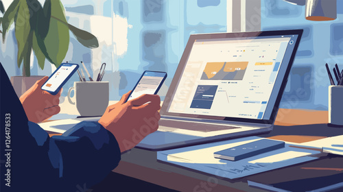 A Person Balancing Multiple Tasks with Laptops and Phone, Showing Different Side Hustles Like Freelancing and Online Selling, Side Hustles
