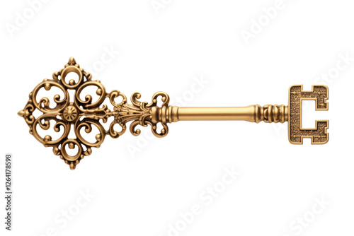  Ornate antique gold key, on transparent background