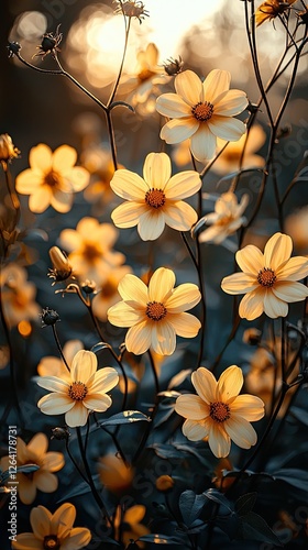 Beautiful golden flowers blooming in a serene garden during sunset, creating a peaceful atmosphere