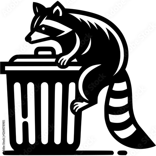 Raccoon thief steals food scraps from trash can in monochrome. Engraving minimalistic vector in black ink drawing on transparent background
