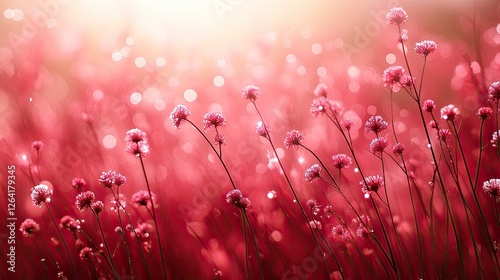 Vibrant pink flowers swaying in a sunlit field, creating a dreamy atmosphere with bokeh