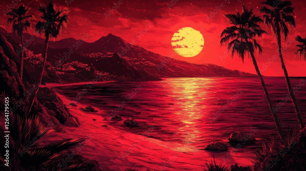 Obraz premium Crimson Horizon Pixelated Seaside Sunset Reflecting Vividly On Tranquil Waters Amidst Palms and Distant Mountains Scene