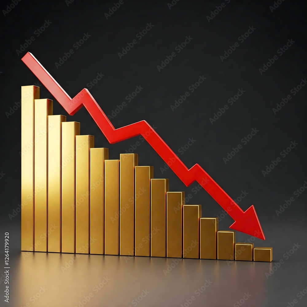 A crashing graph of gold prices with a red arrow, symbolizing turbulence in the commodities market. A crashing graph of gold prices with a red arrow, symbolizing turbulence in the commodities market.
