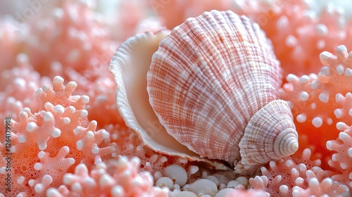 Close-up of a beautiful seashell resting on vibrant coral reef with soft-focus background