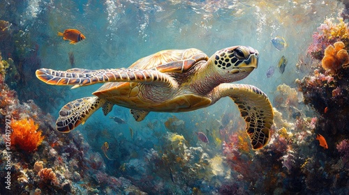 A vibrant underwater scene featuring a sea turtle gracefully swimming through colorful coral reefs, surrounded by various fish