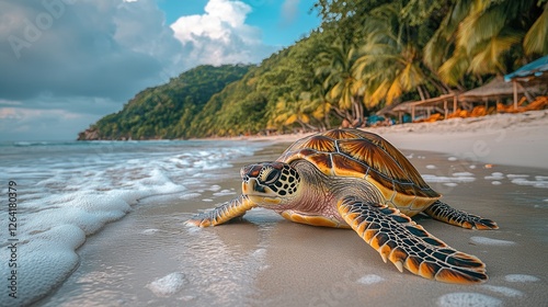 A sea turtle gracefully emerges from the surf onto a sandy beach, surrounded by lush greenery and palm trees