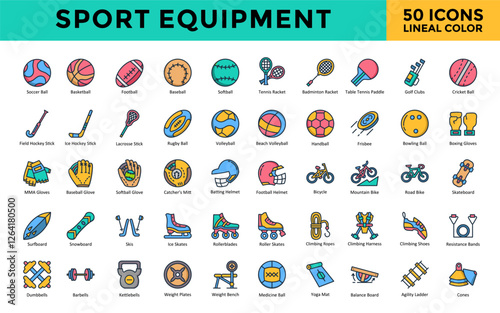 Sport equipment icon set with soccer ball, basketball, football, baseball, softball, tennis racket, badminton racket, table tennis paddle, golf clubs, cricket ball icon. Simple lineal color vector 
