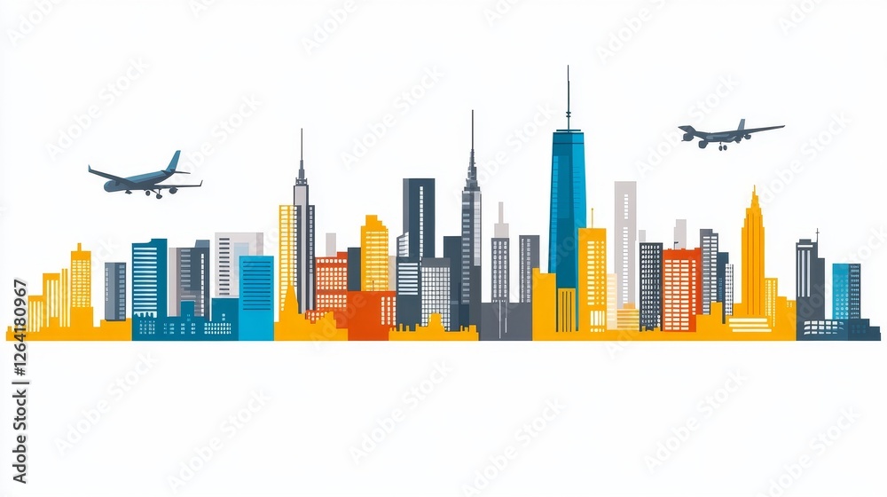Naklejka premium Metropolis Scenery with Airplanes Graphic Depiction of Urban Center Travel with Skyline Skyscrapers in Vector Style for Cityscape Imagery