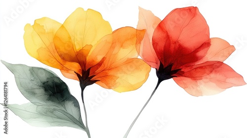 Vibrant watercolor illustration of two blooming flowers in warm hues with soft leaves