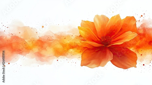 Vibrant orange flower with watercolor splashes on a white background, ideal for artistic projects