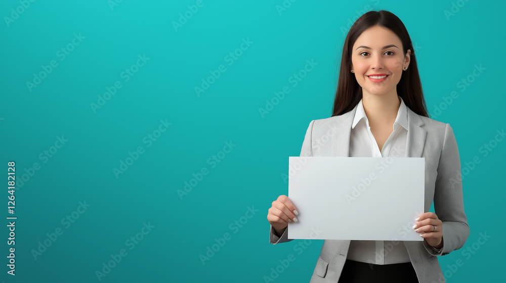 Studio shot of smiling businesswoman showing blank sheet of paper, promoting message on turquoise background with copy space, perfect for advertisement Studio shot of smiling businesswoman showing blank sheet of paper, promoting message on turquoise background with copy space, perfect for advertisement