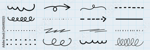 A collection of hand-drawn arrows and lines. Curved lines, straight lines, and arrows in various styles. Arrows and lines on a grid background. Black hand drawn elements, vector set.