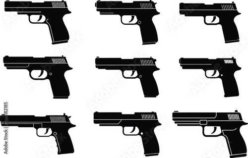 Set of Semi Automatic Handgun Pistol Vector Silhouette 