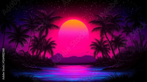 Retro Vaporwave Sunset Horizon with Pixelated Palm Trees on a Tropical Island Synthwave Aesthetics and Vibrant Glowing Neon Colors