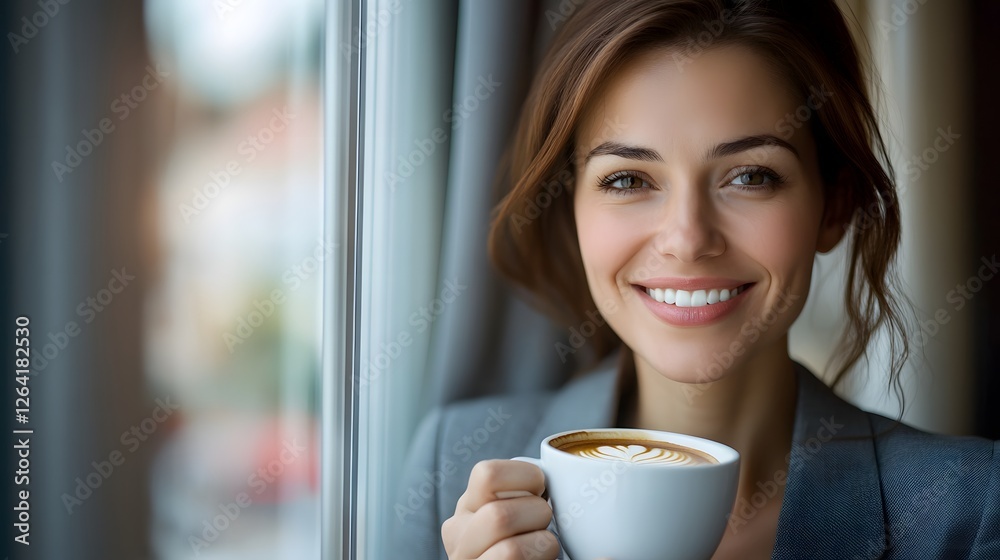 Smiling Businesswoman Enjoying Coffee Break while Gazing Out Office Window Smiling Businesswoman Enjoying Coffee Break while Gazing Out Office Window
