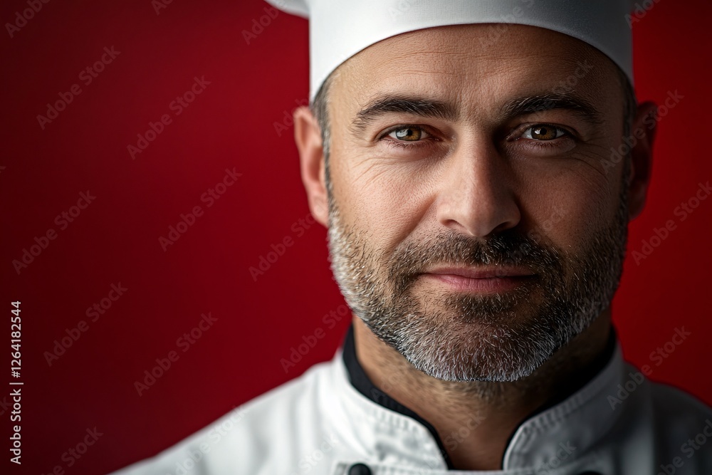 A Chefs Portrait Against A Red Background A Chefs Portrait Against A Red Background