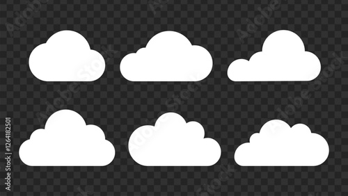 Set of six white cloud icons on a transparent background. Cloud shapes vary in size and form. Cloud design ideal for weather apps. Cloud icons for digital use. Weather illustration, vector set.