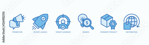 Growth And Strategy Icon Set Icon Set Isolated Vector Illustration Concept With Icon Of Promotion, Rocket Launch, Target Audience, Search, Standart Product, Distribution In Blue Style