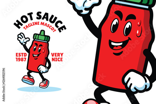 Colorful and playful hot sauce mascot design featuring a smiling red bottle character, perfect for branding, marketing, and food-related projects.