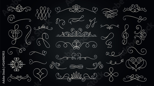 Decorative Vector set. Elegant floral dividers with gold and silver swirls. Decorative floral elements for design. Floral dividers and swirls on a dark background. Hand drawn ornament vector set.