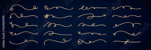 Vector set. Elegant gold line flourishes on a dark background. Decorative flourishes, gold accents, and swirling lines create a sophisticated design element. Hand drawn ornament vector set.