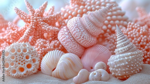 A serene arrangement of pink seashells and corals on a sandy beach, evoking tranquility and nature