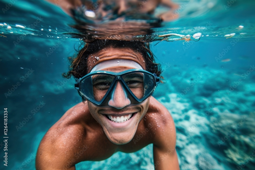 Naklejka premium Happy samoan young diver diving underwater recreation swimming.