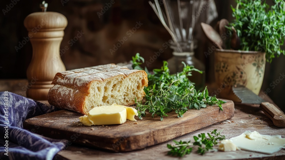Rustic kitchen counter with homemade bread, butter, and herbs on wooden boards Rustic kitchen counter with homemade bread, butter, and herbs on wooden boards
